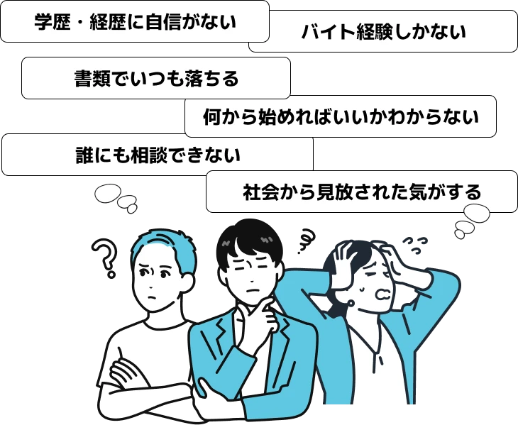 学歴・経歴に自信がない バイト経験しかない 書類でいつも落ちる 何から始めればいいかわからない 誰にも相談できない 社会から見放された気がする